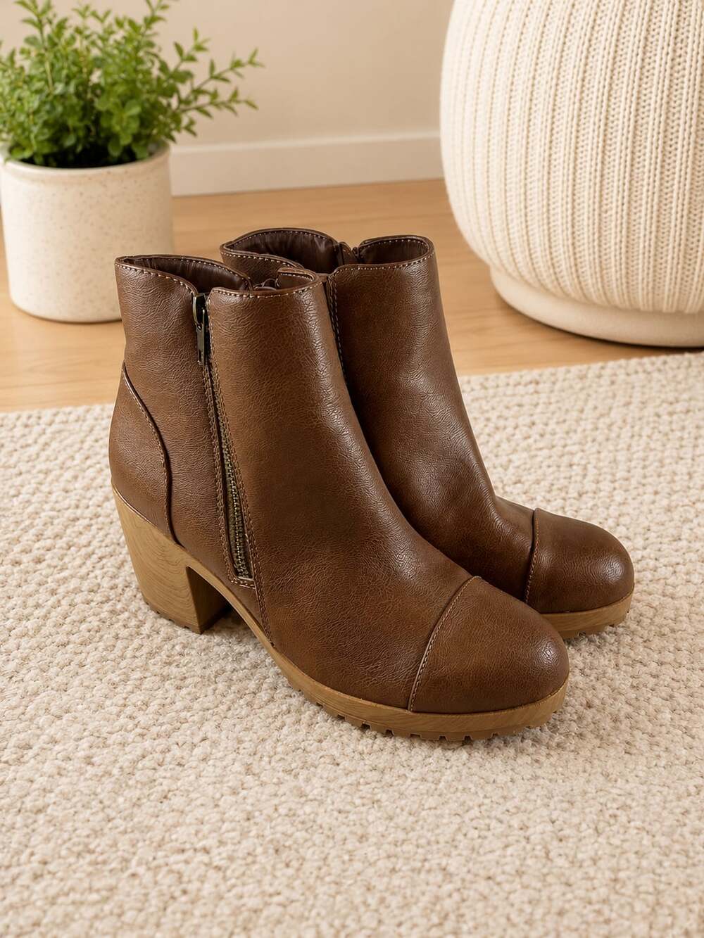 Sun + Stone Rowaan Brown Platform Ankle Boots Block Heel Zip Womens 7.5 M